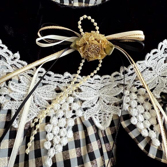 Vintage 90s Joy Kid Dress Set Girls 18M Black White Gold Check Lace Bow Hat - Picture 3 of 10